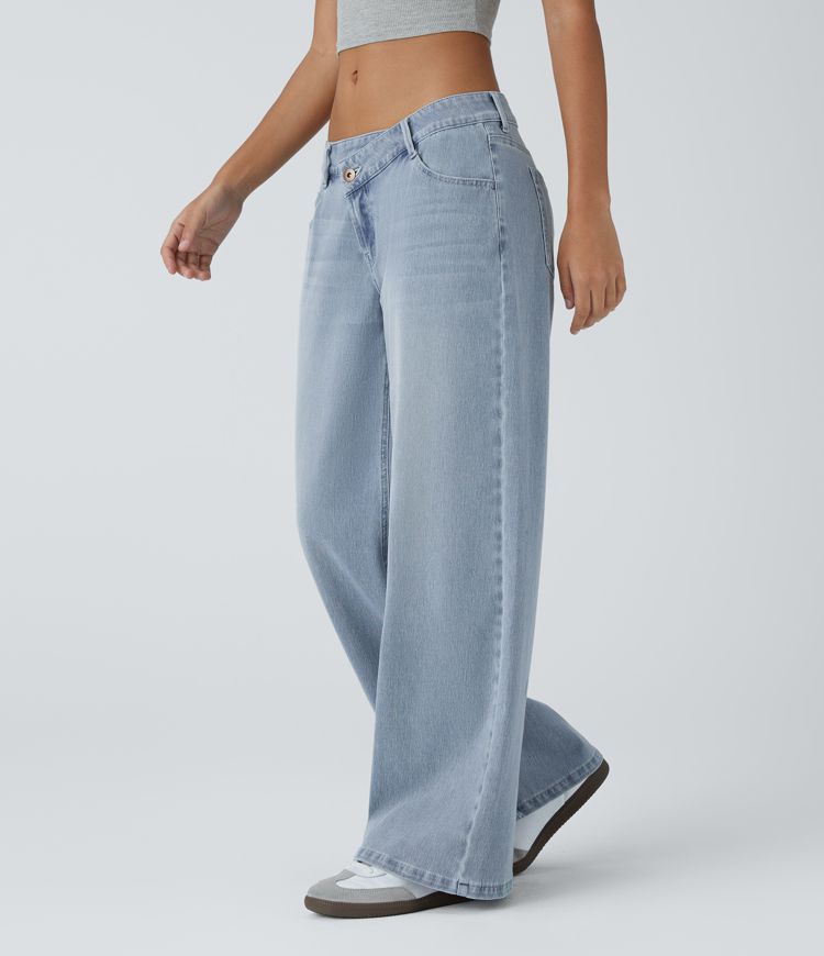 Halara Flex™ Baggy Jeans Low Rise mit Knopf und Reißverschluss, mehreren Taschen, weitem Bein