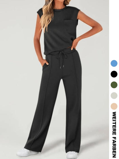 🔥Zweiteiliges Damen-Set aus einfarbigem Tanktop und weiten Hosen mit Kordelzug