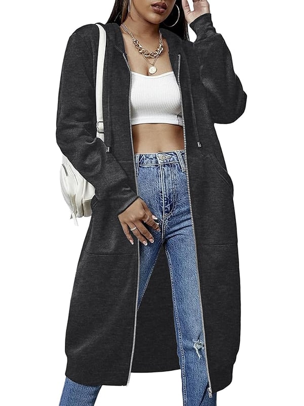 Marie - Langer Damen Kapuzenpullover mit Reißverschluss & Taschen – Casual Streetwear