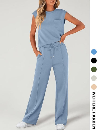 🔥Zweiteiliges Damen-Set aus einfarbigem Tanktop und weiten Hosen mit Kordelzug