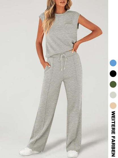 🔥Zweiteiliges Damen-Set aus einfarbigem Tanktop und weiten Hosen mit Kordelzug