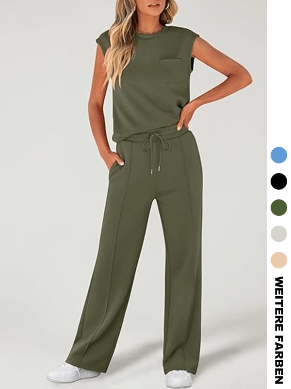 🔥Zweiteiliges Damen-Set aus einfarbigem Tanktop und weiten Hosen mit Kordelzug